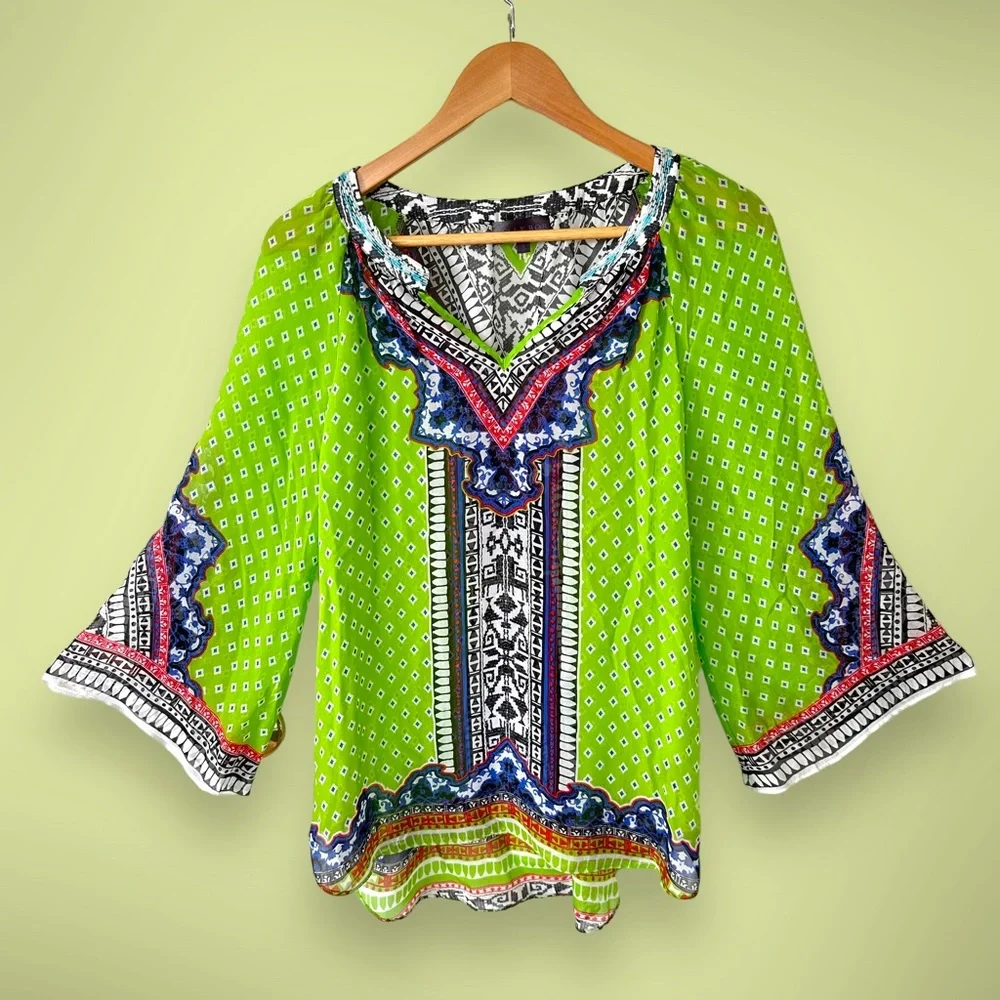 Hale Bob Green Chartreuse Print Silk Bell Sleeve Pullover Top Size S - Picture 1 of 12